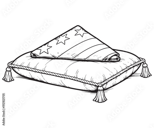 Folded American Flag on Memorial Cushion – Line Art Illustration