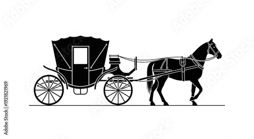 Vintage horse drawn carriage with driver traveling down a street in a classic retro style illustration
