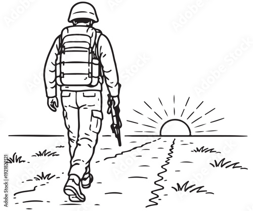 Soldier Walking Toward the Sunset – Line Art Illustration