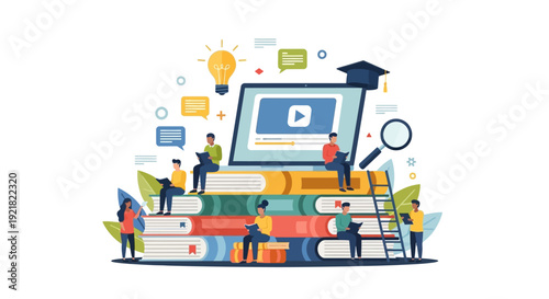 Digital E-learning and Knowledge Concept. Students Reading Books on a Stack with Laptop, Graduation Cap, and Lightbulb. Online Education Vector Illustration.