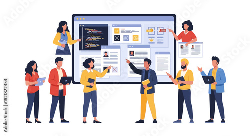 Diverse Tech Team Collaboration: Web Development, Software Review, and UX Planning Meeting