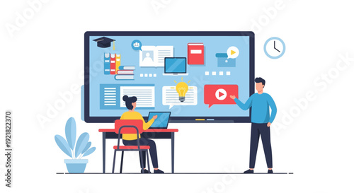 Digital Classroom and E-learning Platform. Instructor Guiding Student through Online Coursework on Interactive Smart Board.