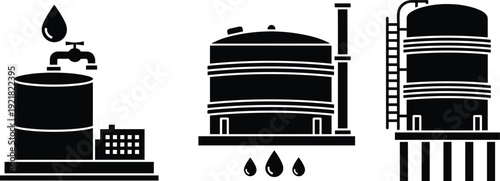 Industrial oil storage tanks and refinery silhouettes isolated on white background, energy petroleum industry equipment vector illustration set for fuel production design
