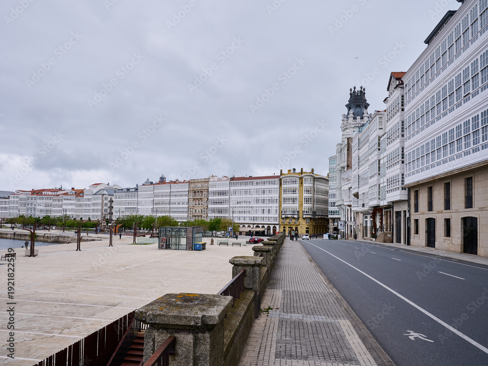 Obraz premium Glass gallery street, A Coruña on a cloudy day