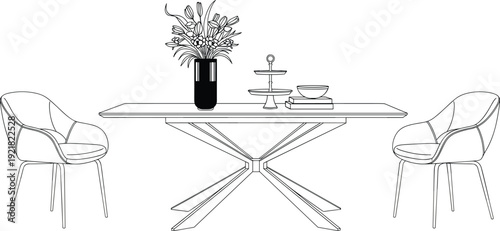 Minimalist dining table with vase and dessert stand chairs flowers