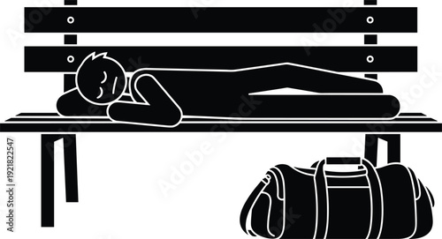 Man sleeping on park bench with duffel bag black and white