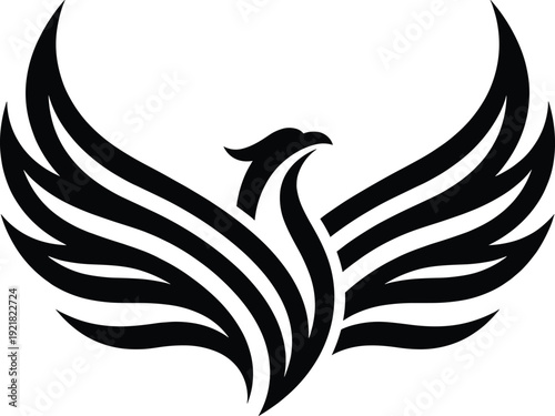Stylized black phoenix silhouette illustration with wide symmetrical wings and curved lines, symbolizing rebirth, renewal, immortality, and transformation motifs