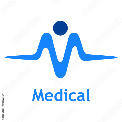 Logo Medical. Símbolo con letra M como latido cardíaco con cabeza de paciente 