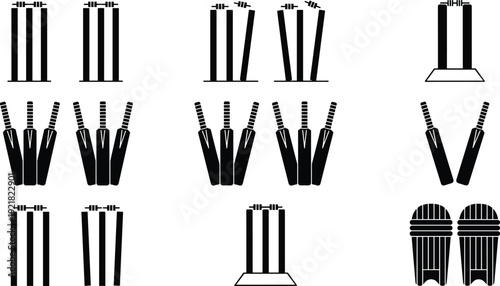Cricket wickets bats and pads silhouette collection featuring sports equipment isolated on light background vector illustration set