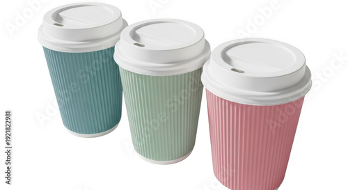 Wallpaper Mural Three modern disposable coffee cups in pastel pink, green, and blue, with white lids, suggesting takeaway beverages on transparent background Torontodigital.ca