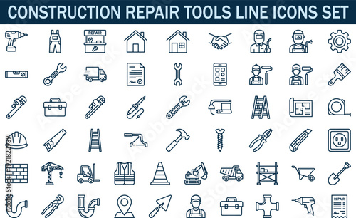 Construction repair tools line icons set, building equipment vector collection, hammer wrench drill helmet crane symbols, home renovation editable elements isolated