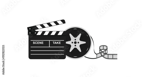 Classic movie clapperboard alongside a large film reel and unspooling celluloid film strip on white background.