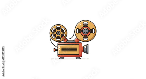 Vintage cartoon-style film projector with two large reels and a lens on a white background.