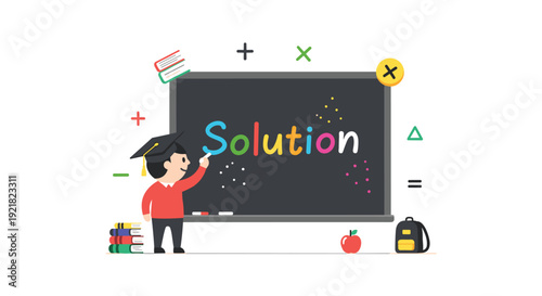 Cartoon student in a graduation cap writing the word Solution on a blackboard surrounded by school supplies.