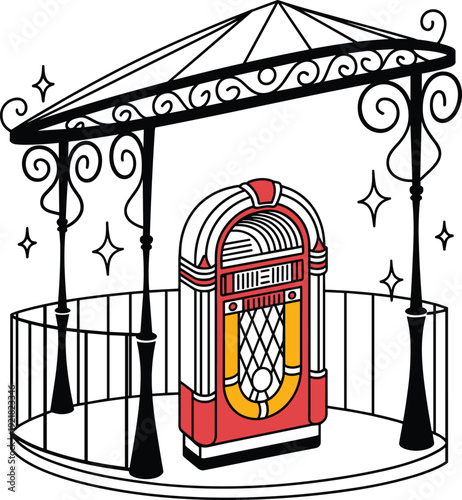 Vintage jukebox in gazebo, retro music design, nostalgic entertainment illustration artwork