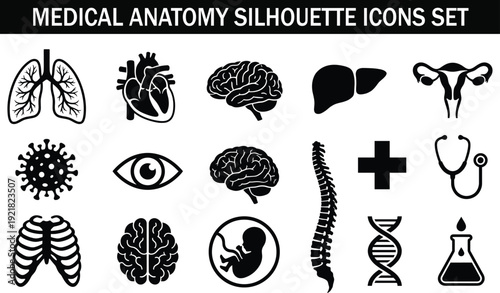 Medical anatomy silhouette icons set, healthcare vector collection, lungs heart brain liver uterus spine DNA virus symbols, black solid editable elements isolated