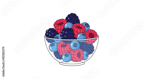 Clear glass bowl filled with a colorful mix of fresh raspberries, blueberries, and blackberries on a white background.