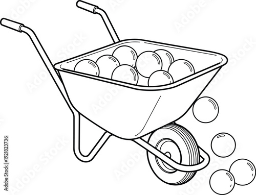 Wheelbarrow filled with balls on white background gardening tool black and white line cart