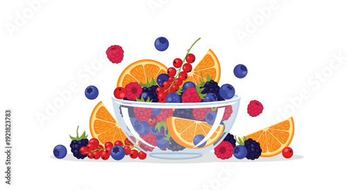 A clear glass bowl is filled with a colorful assortment of blueberries, raspberries, blackberries, redcurrants, and orange slices.