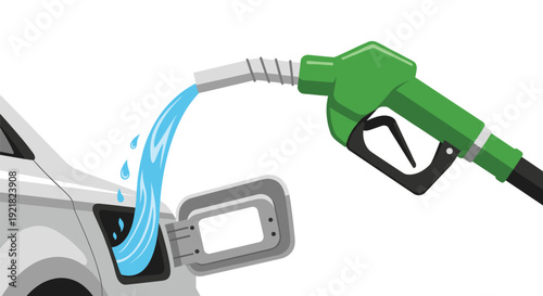 A green fuel pump nozzle dispenses blue liquid into a car's open fuel tank on a plain white background.