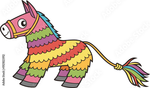 Colorful cartoon donkey piñata with rainbow paper strips