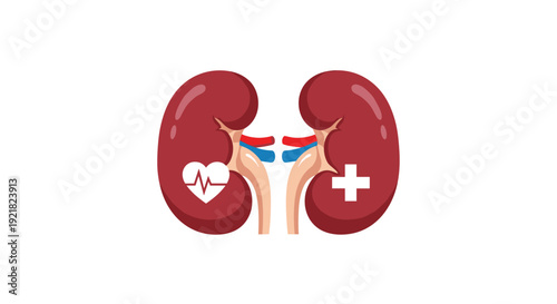 A stylized icon illustrates healthy human kidneys featuring a heartbeat symbol and a medical cross on a white background.