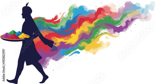 Holi Festival Celebration with Colorful Powder, Man with traditional dressing Silhouette Carrying Colors on White Background