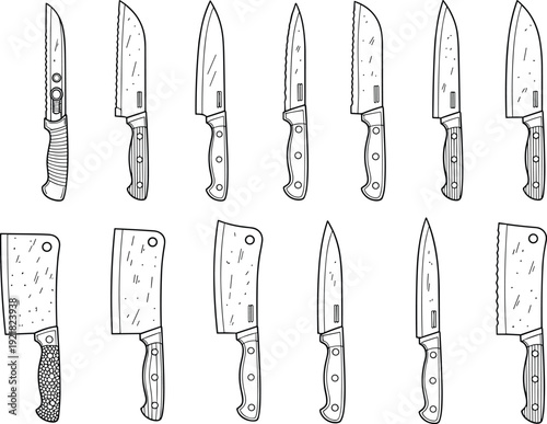 Kitchen knife collection featuring chef cleaver and utility blade silhouettes isolated on light background detailed vector illustration set