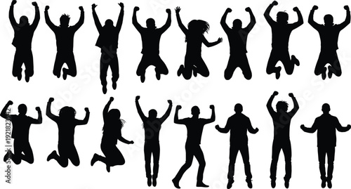 Jumping people silhouette collection with excited men and women celebrating success isolated vector illustration set dynamic poses