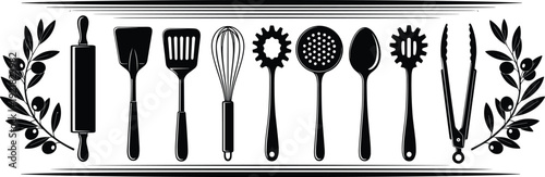 Kitchen utensils silhouettes set rolling pin spatula whisk spoon tongs cooking tools isolated on white background culinary equipment collection