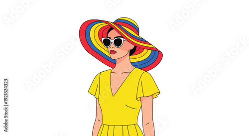 A stylish woman in a yellow dress wears a large striped sun hat and fashionable sunglasses.