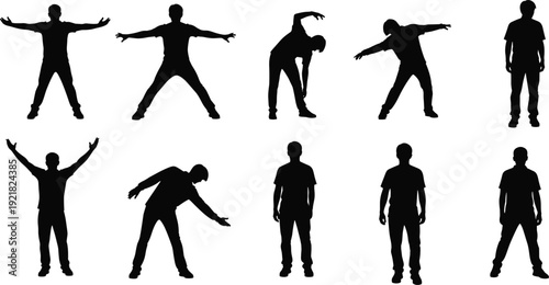 Man Stretching and Standing Silhouette Collection with Different Body Poses Black Vector Illustration Isolated on White Background