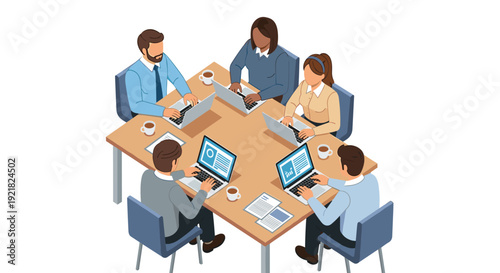 Five business professionals collaborate around a hexagonal conference table, actively working on laptops during a meeting.