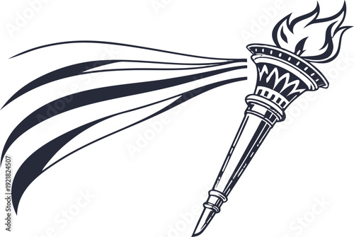 Black and white of a torch with flames and motion lines symbol
