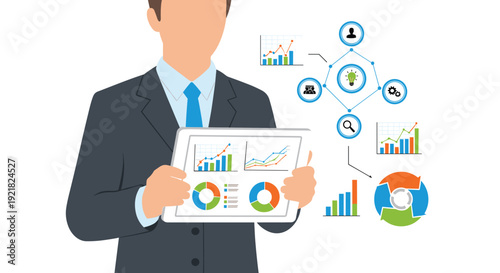 Businessman in a suit holds a digital tablet displaying financial data visualization and business analytics.