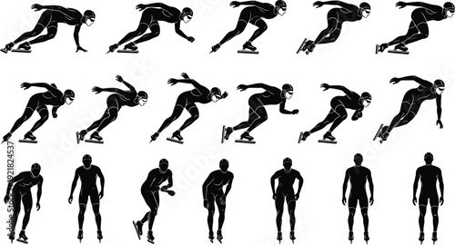 Speed skater silhouettes collection ice skating athlete racing isolated on white background winter sport motion set