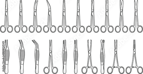 Surgical scissors and tweezers collection featuring medical cutting and gripping instruments isolated on light background vector illustration set