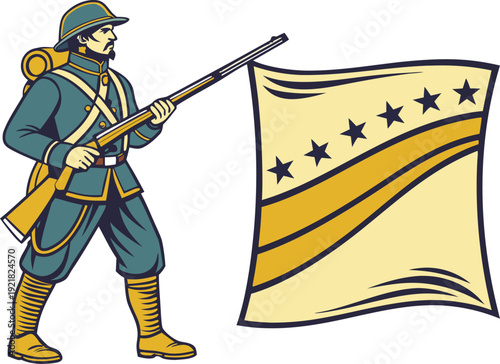 Fotografie Mexican soldier holding rifle and flag with five stars battle of puebla military