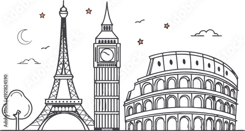 Black and white of Eiffel Tower Big Ben and Colosseum landmarks European landmarks
