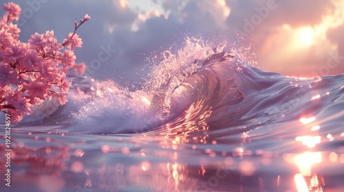 Cinematic glowing ocean wave at sunset, abstract liquid glass water splash.