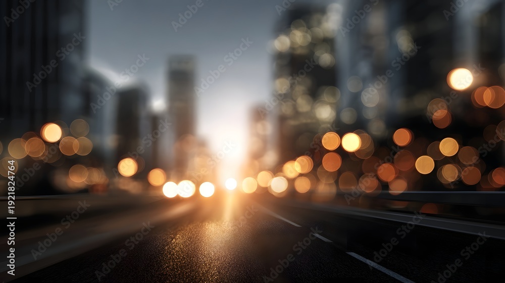 Naklejka premium Abstract blurred city street at dusk illuminated by warm bokeh lights and modern buildings