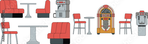 Retro diner furniture, vintage jukebox design, nostalgic American restaurant interior illustration