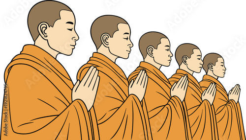 Group of thai monks in orange robes with hands together in prayer buddhist