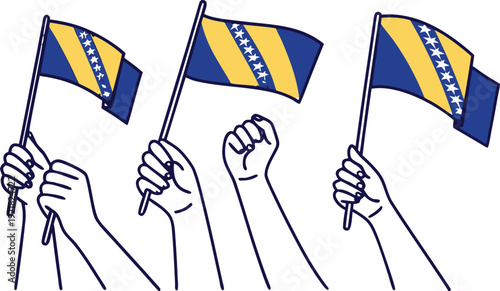 Hands raised in celebration holding bosnia and herzegovina flags hands holding flags