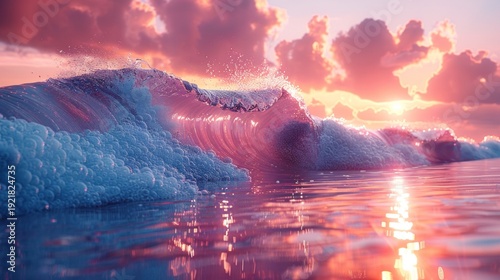 Cinematic glowing ocean wave at sunset, abstract liquid glass water splash.