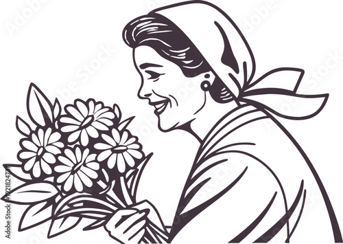Mother holding bouquet of flowers smiling woman