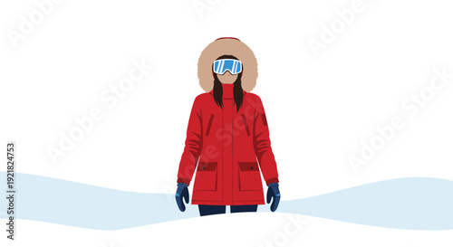 Woman dressed in a red winter parka with a fur hood and ski goggles standing in deep snow.