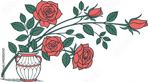 Bouquet of red roses in a white vase with red accents flowers
