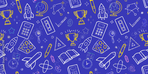 Colorful pattern of school supplies and academic achievement symbols