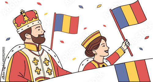 Cartoon king and queen waving Romanian flags royal couple